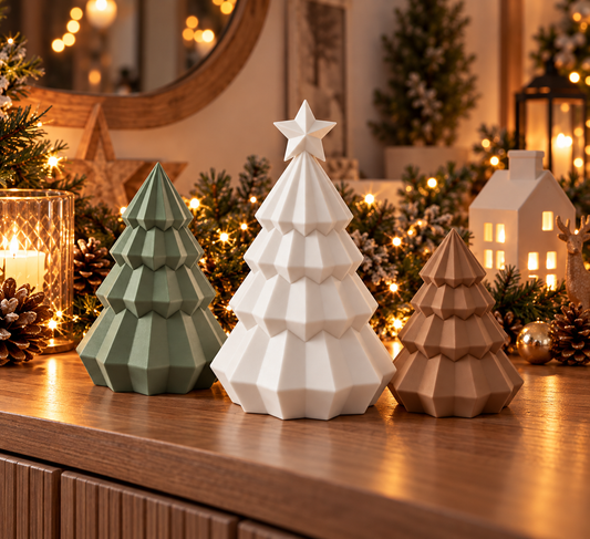 Drei geometrische Weihnachtsbäume in Olivegrün, Weiß und Braun auf einem weihnachtlich dekorierten Tisch.