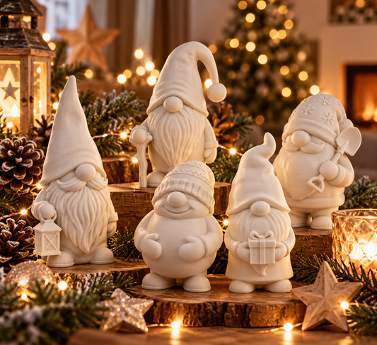 Fünf weiße Weihnachtswichtelfiguren in unterschiedlichen Formen, festlich arrangiert mit warmen Lichtern.