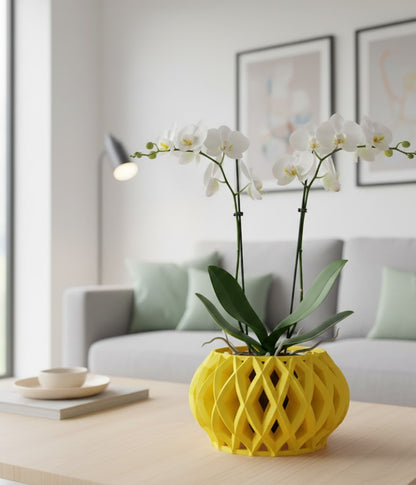 Elson Pflanztopf – Skulpturaler 3D-Orchideentopf mit organischer Gitterform und Abtropfschale